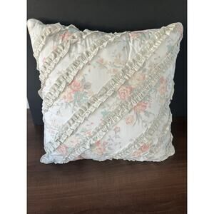 Vintage Floral Throw Pillow With Ruffle Stripes Design Cotton Blend